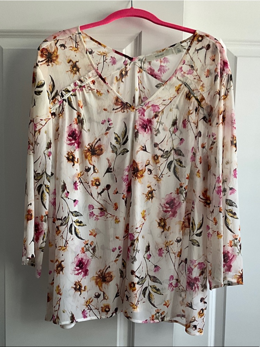 Sejour Ivory Floral Blouse with Pink & Mustard Accents
